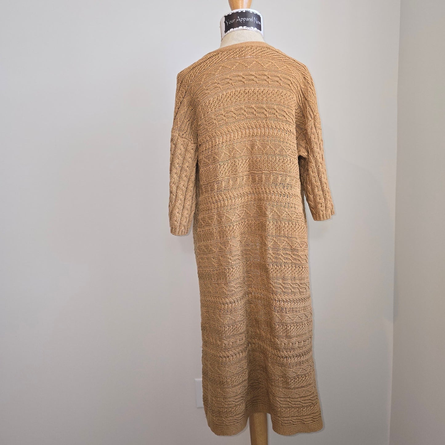 Chico's Women's Tan Short Sleeve Knit Long Open Cardigan Sweater Sz 2 (704)