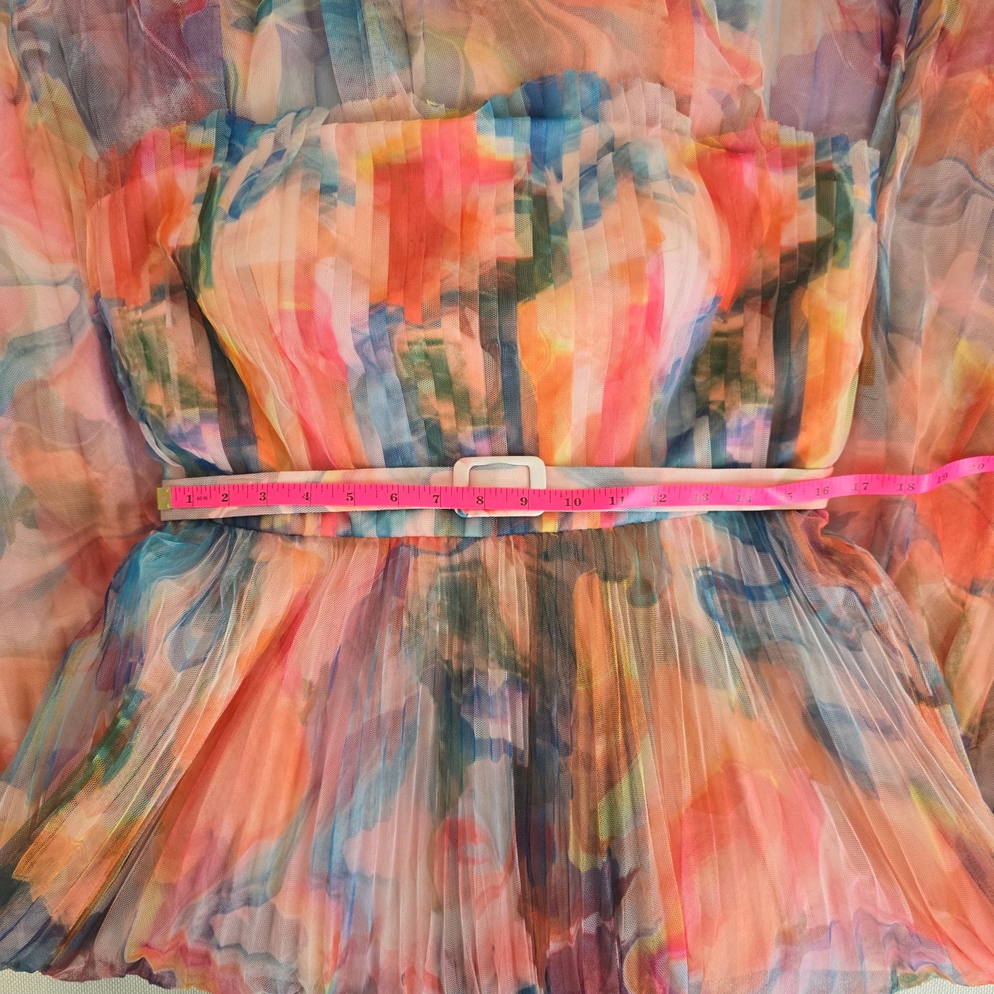 Hutch Coral Multi Swirl Strapless Pleated Fit Flare Belted Midi Dress Sz 14