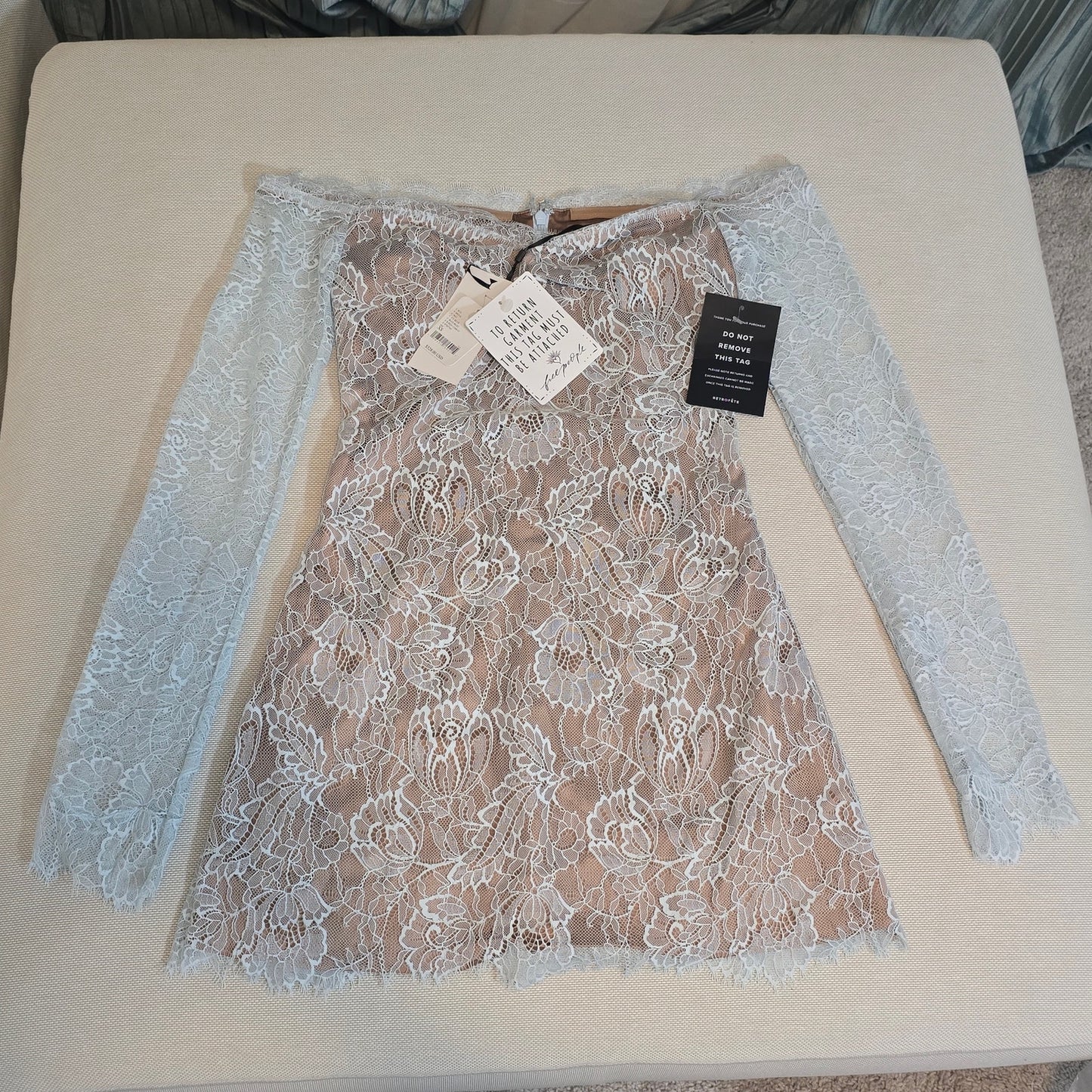 Retrofete Light Blue Nude Lining Aino Lace Mini Dress Sz XS