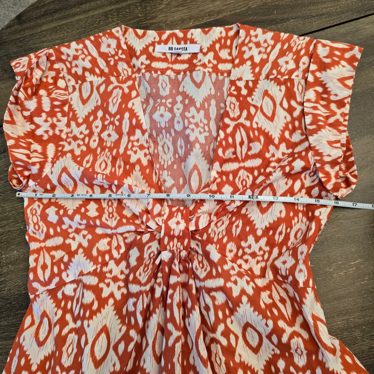 BB DAKOTA Orange Printed Short Sleeve Plunge Neckline Midi Dress Sz M (0956)
