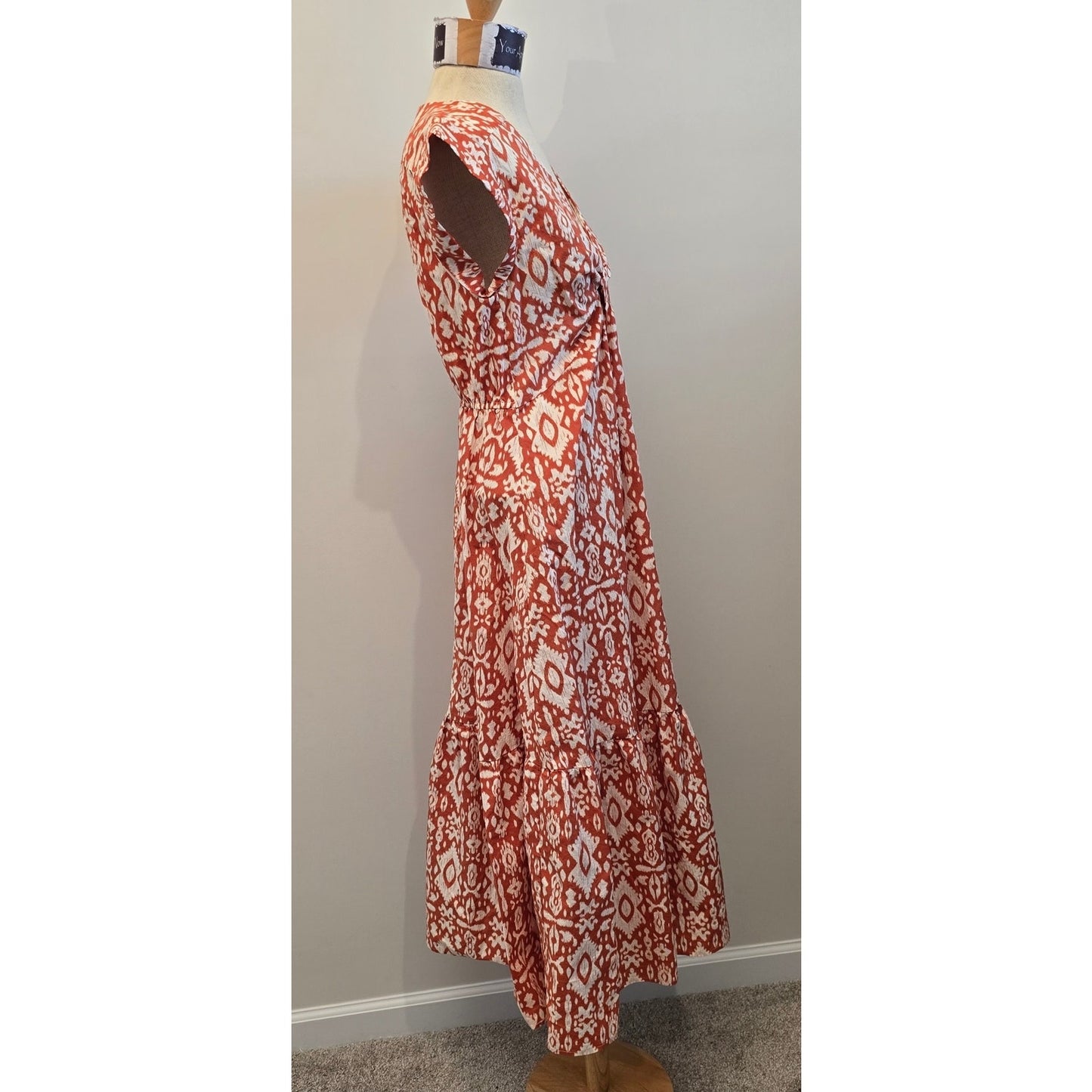 BB DAKOTA Orange Printed Short Sleeve Plunge Neckline Midi Dress Sz M (0956)