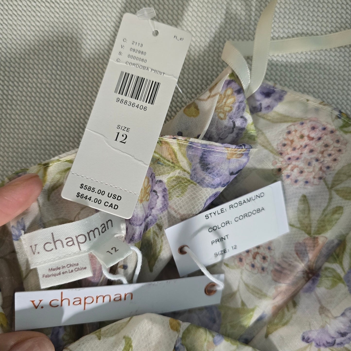 V. Chapman Rosamund Organza Strapless Sweetheart Corset Drop-Waist Maxi Gown Sz 12