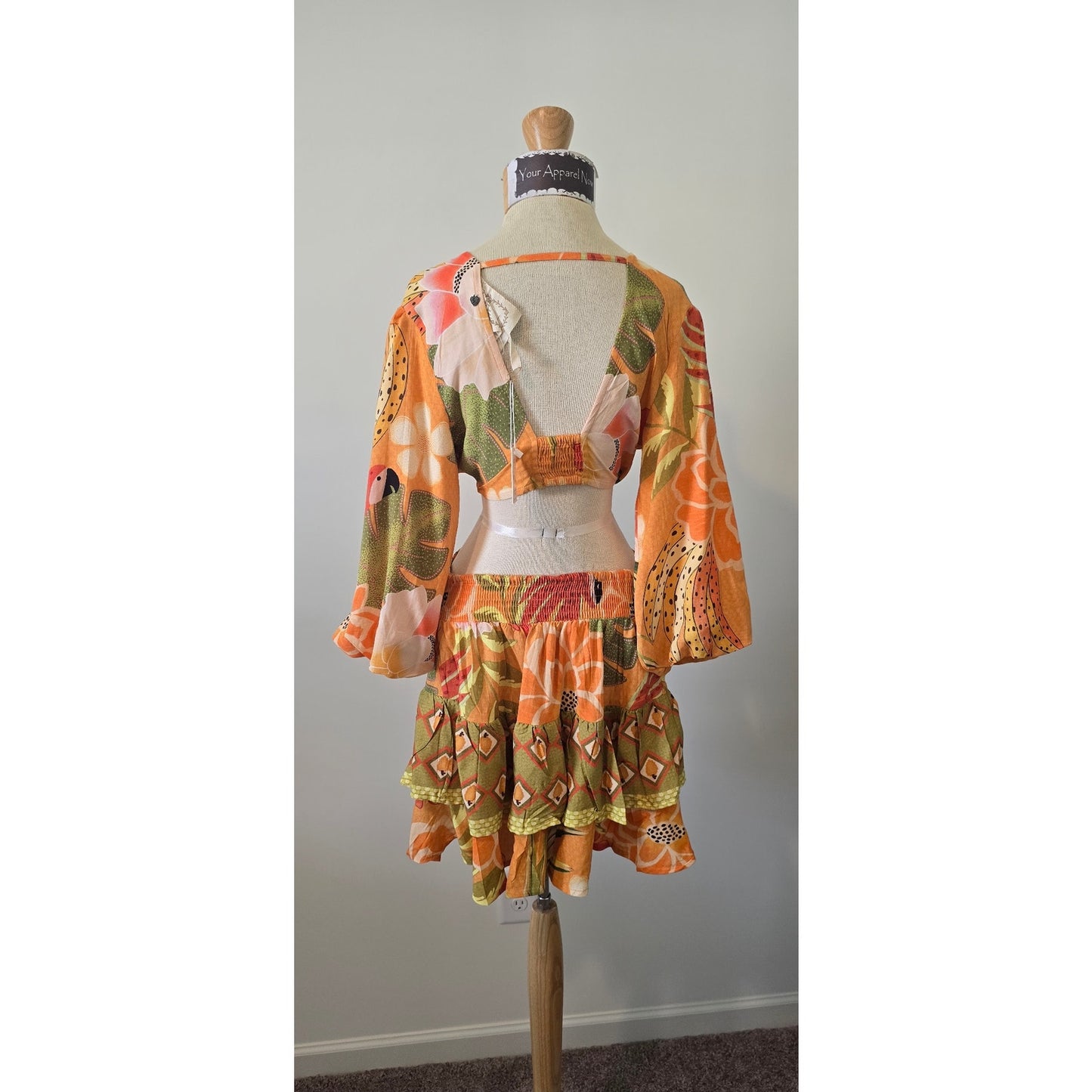 Z&L Orange Delia Boho Print Bubble 3/4 Sleeves Mini Dress Sz Small (0962)