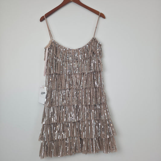 Mac Duggal Beaded Strap Sequin Ruffle Mini Dress in Nude Silver Sz 6 NWT