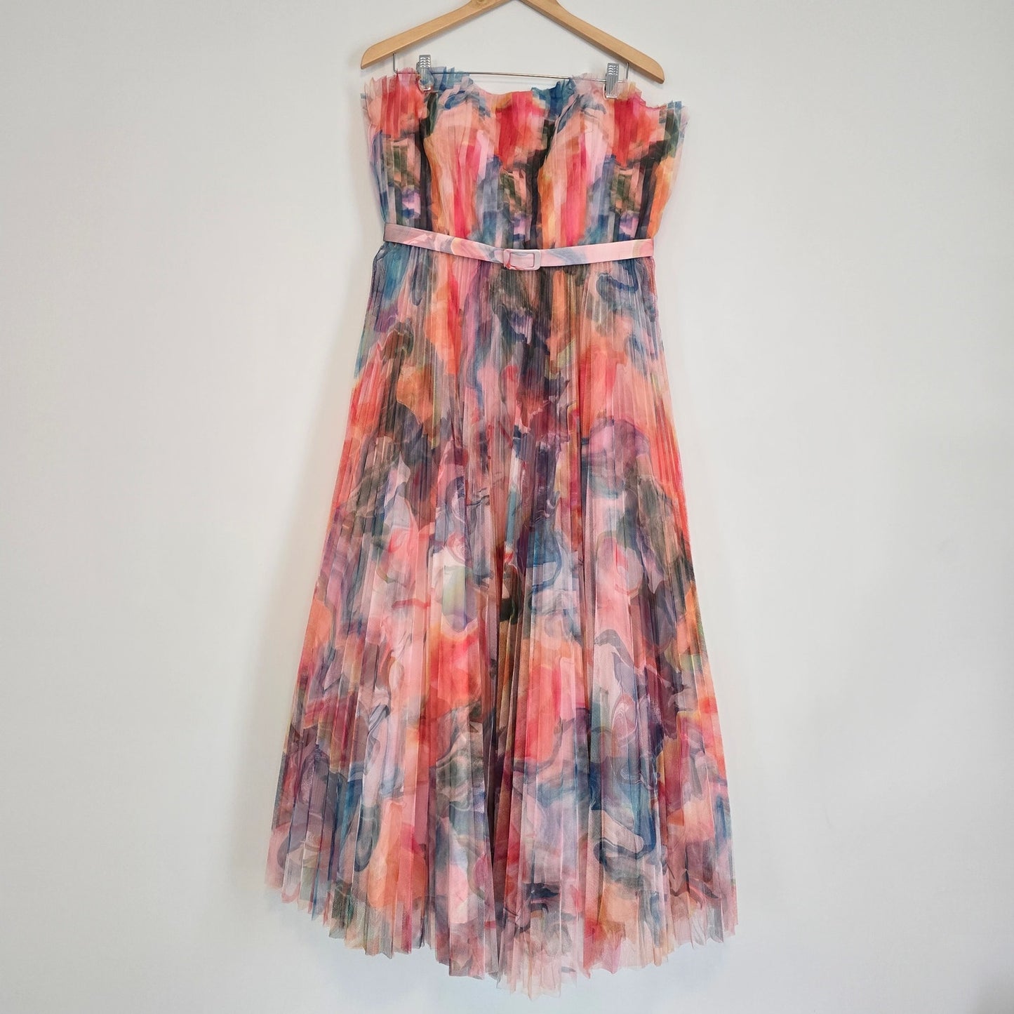 Hutch Coral Multi Swirl Strapless Pleated Fit Flare Belted Midi Dress Sz 14