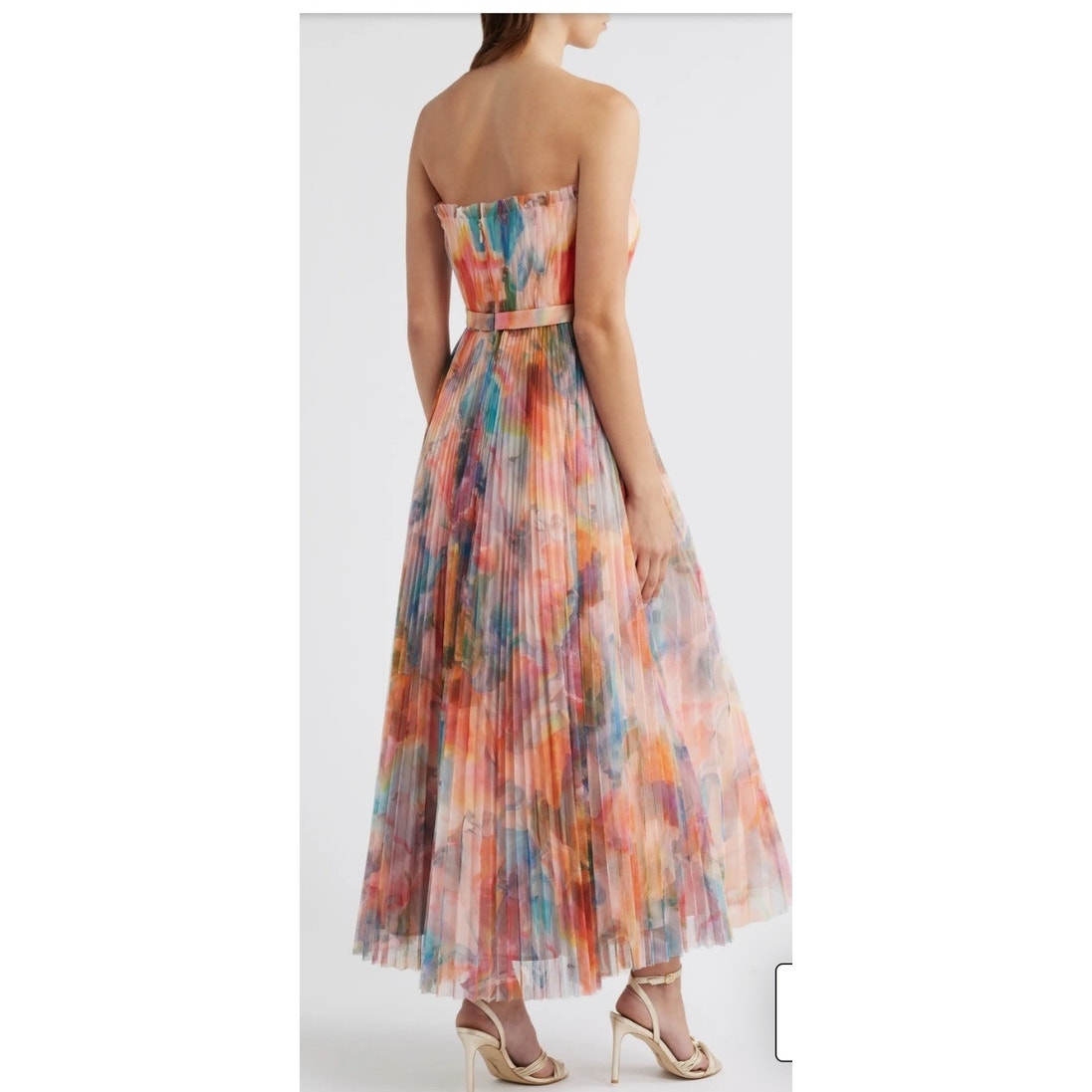 Hutch Coral Multi Swirl Strapless Pleated Fit Flare Belted Midi Dress Sz 14