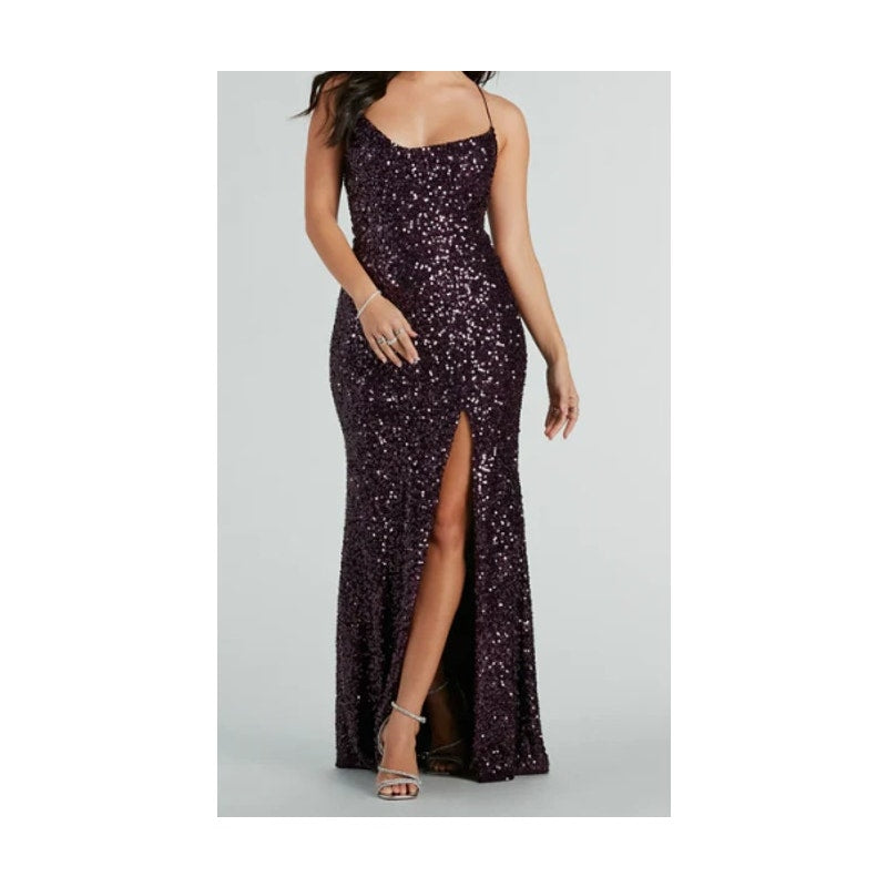 Plum Esperanza Formal Sleeveless A-line Front Slit Sequin Long Dress Sz S