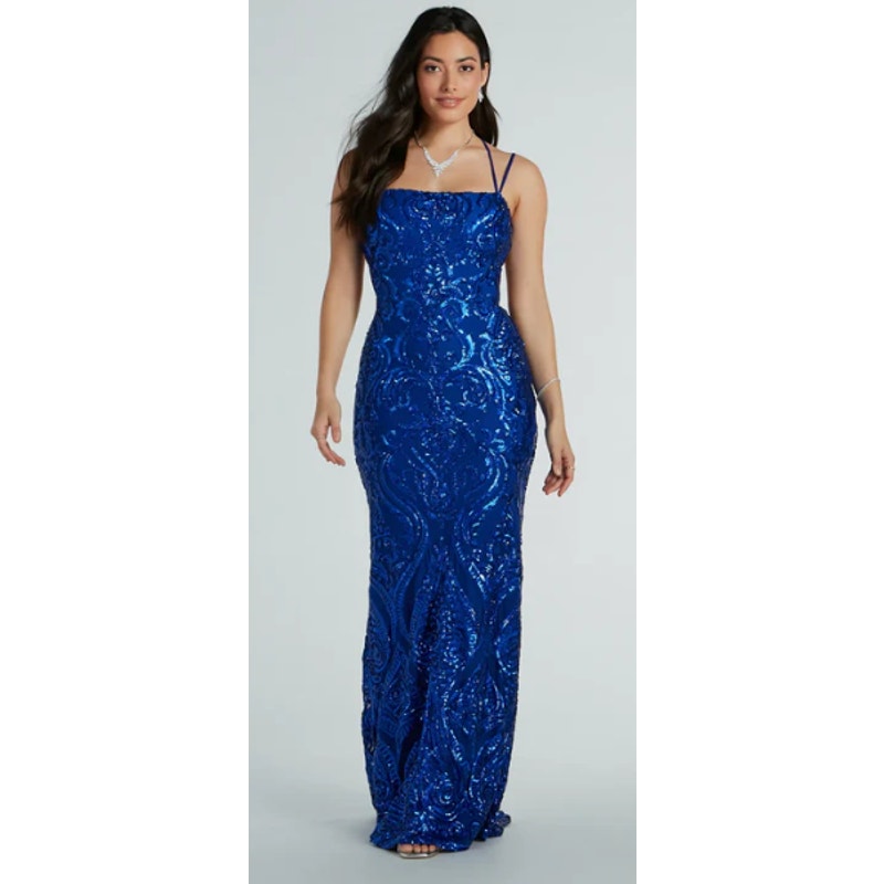 Delaney Royal Blue Lace-Up Mermaid Sequin Formal Formal Dress Size XS (748)