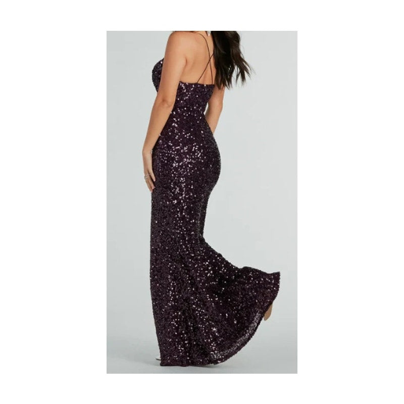 Plum Esperanza Formal Sleeveless A-line Front Slit Sequin Long Dress Sz S