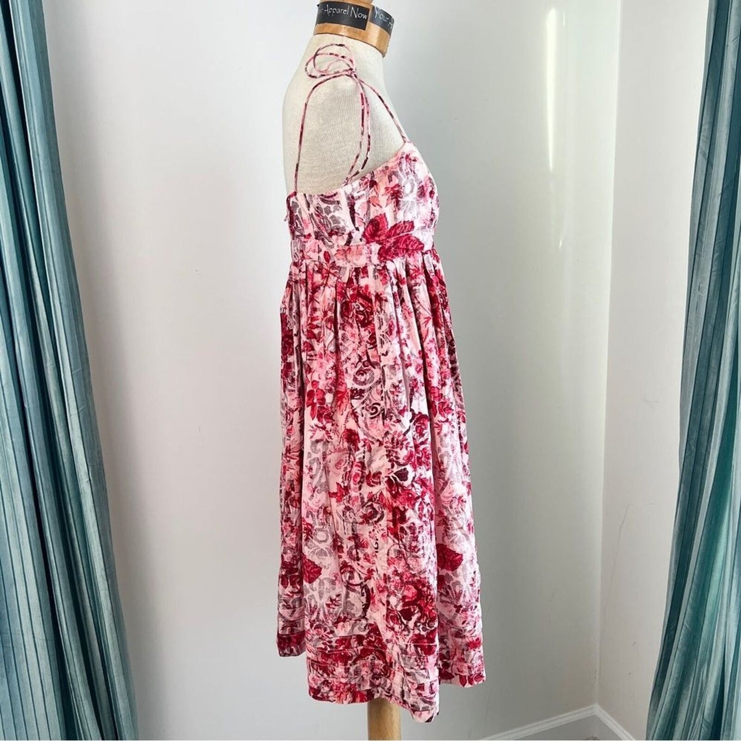 Gap Sz 8 Pink Red Waist-Defined Floral Cotton Smocked Midi Cami Dress (541)