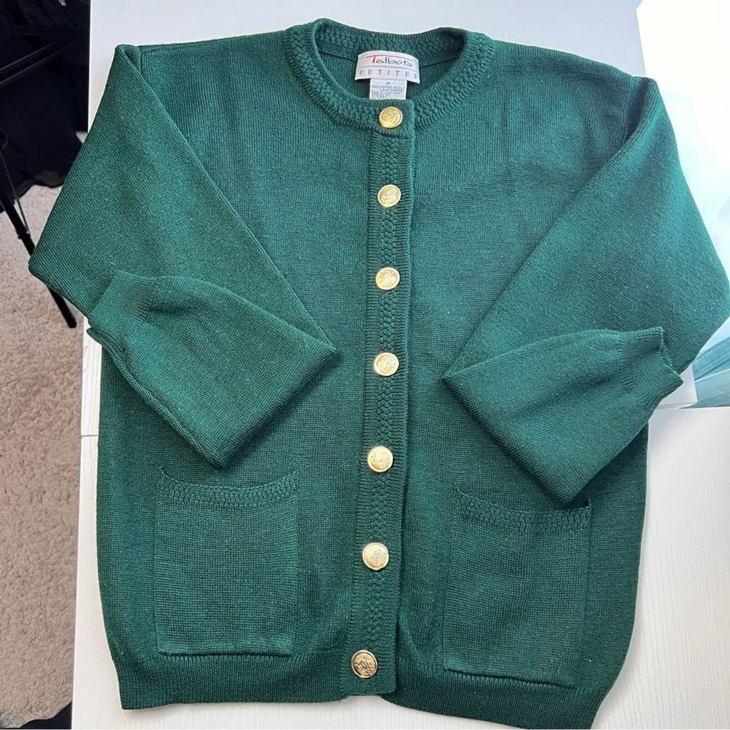 Talbots Petites Green Long Sleeve Gold Buttons Merino Wool Cardigan Sweater Sz P