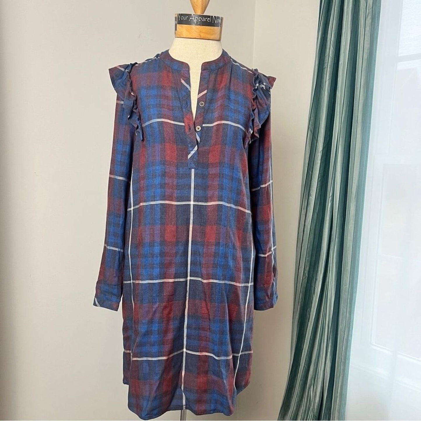 Anthropologie Cloth & Stone Long Sleeve Plaid Shirt Side Ruffle Dress Sz XS (554