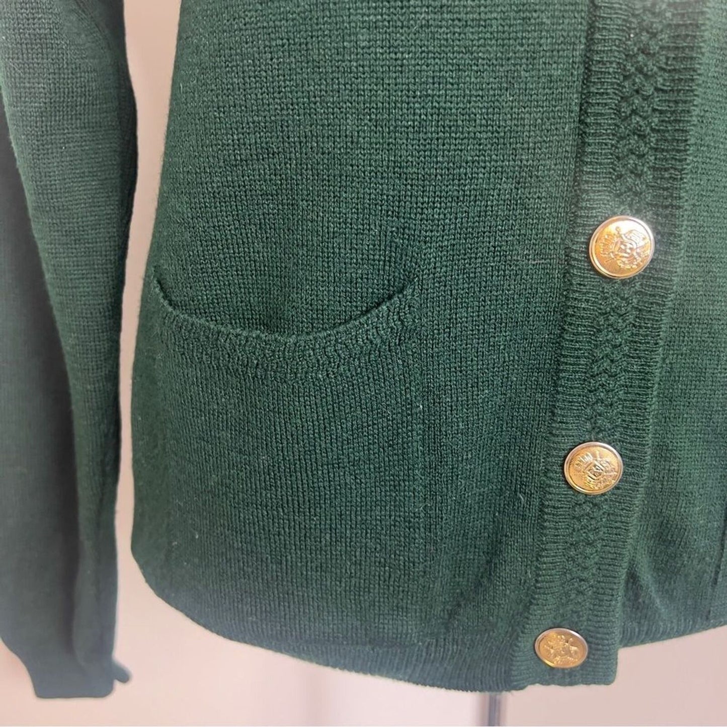 Talbots Petites Green Long Sleeve Gold Buttons Merino Wool Cardigan Sweater Sz P