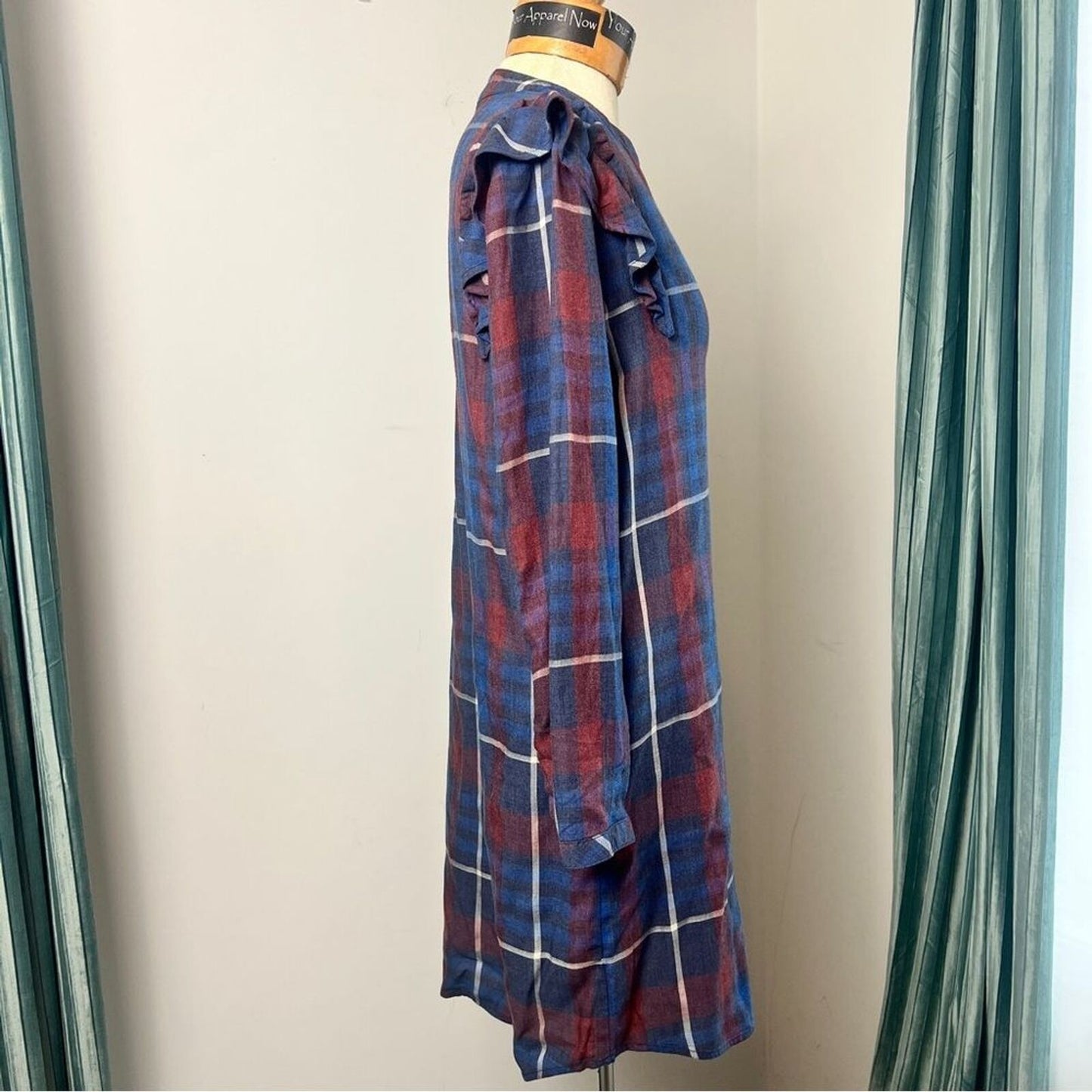 Anthropologie Cloth & Stone Long Sleeve Plaid Shirt Side Ruffle Dress Sz XS (554