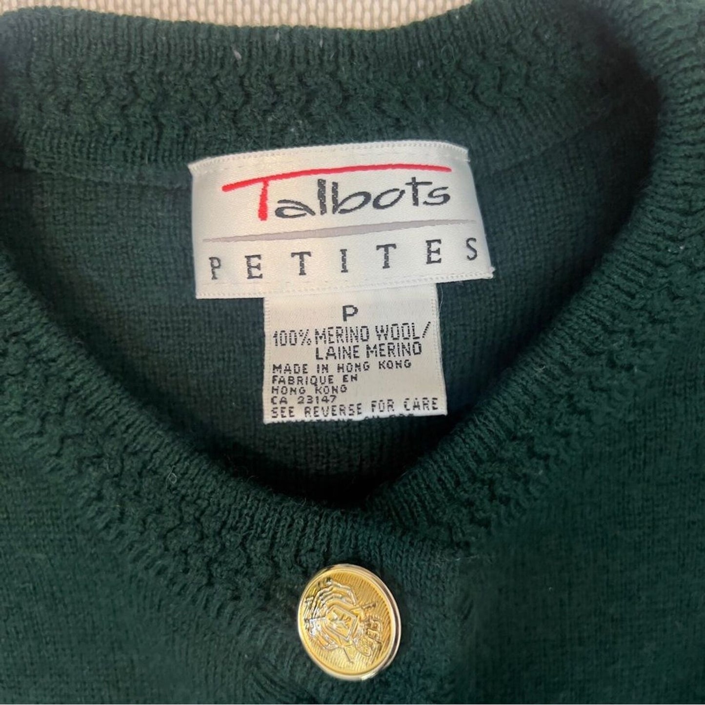 Talbots Petites Green Long Sleeve Gold Buttons Merino Wool Cardigan Sweater Sz P