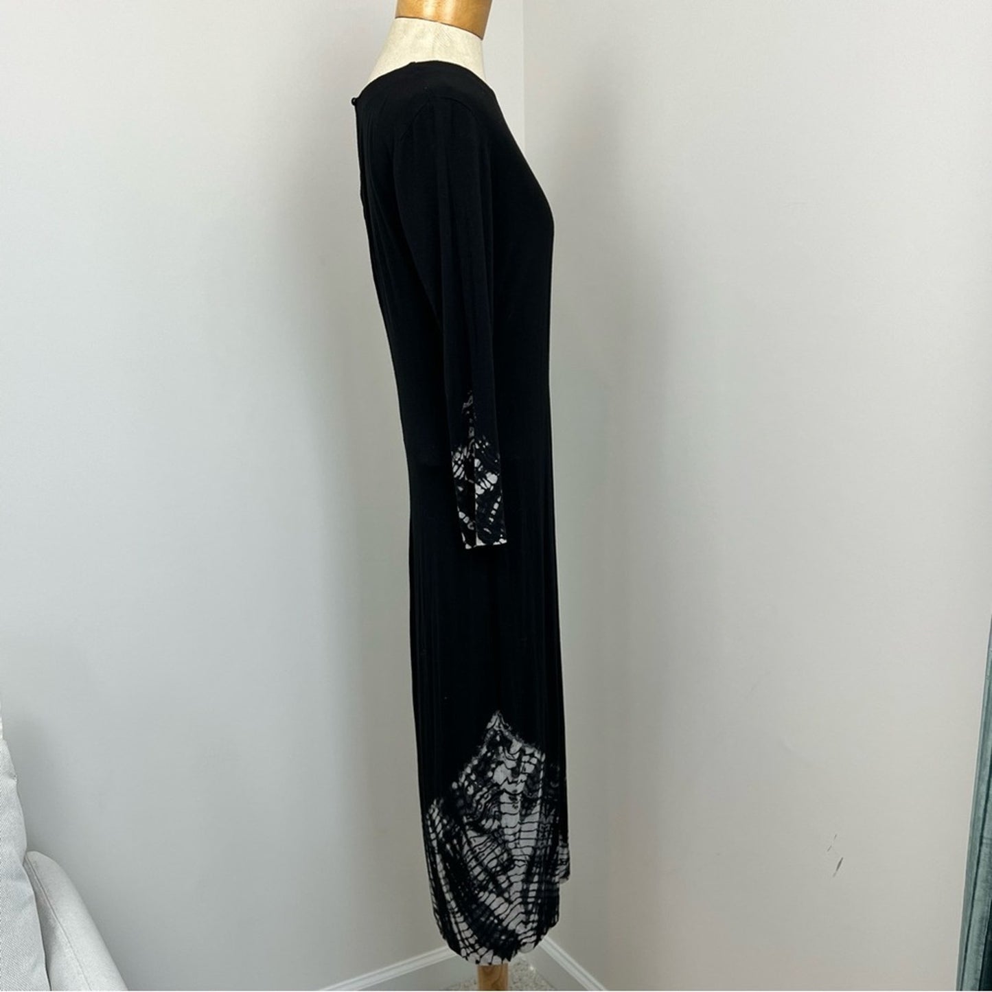 Gypsy Black tide dye design Long Sleeve Fitted Jersey Midi Dress size Small (137