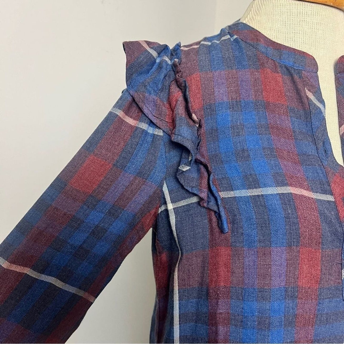 Anthropologie Cloth & Stone Long Sleeve Plaid Shirt Side Ruffle Dress Sz XS (554