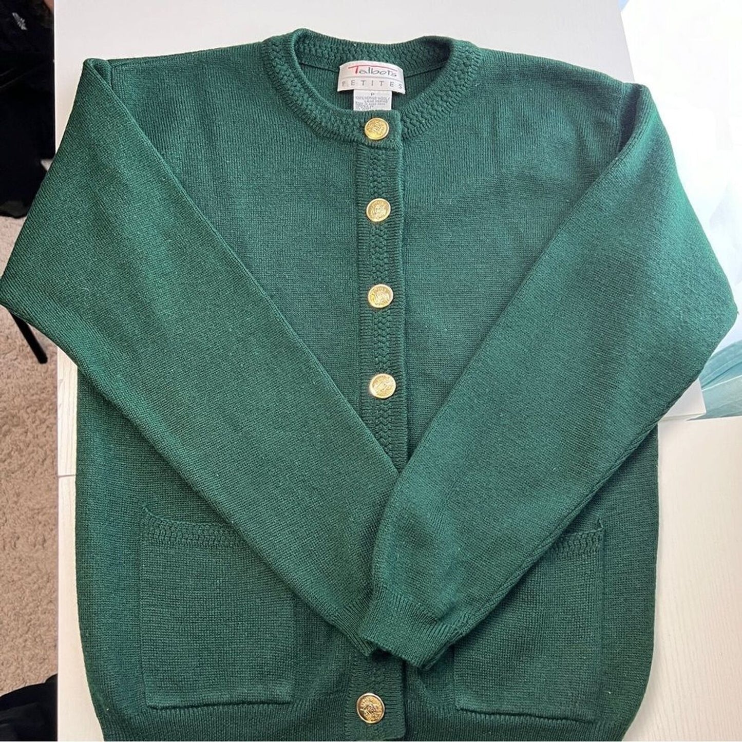 Talbots Petites Green Long Sleeve Gold Buttons Merino Wool Cardigan Sweater Sz P
