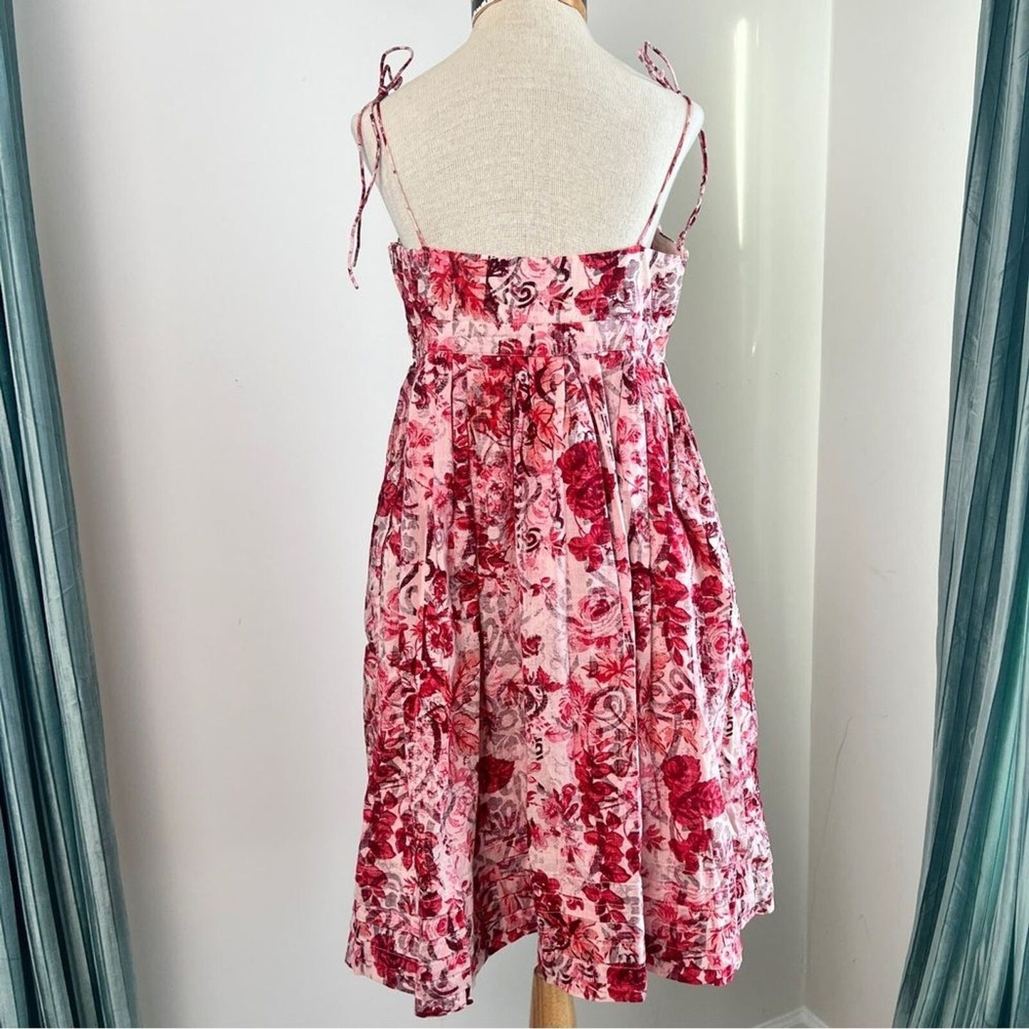 Gap Sz 8 Pink Red Waist-Defined Floral Cotton Smocked Midi Cami Dress (541)