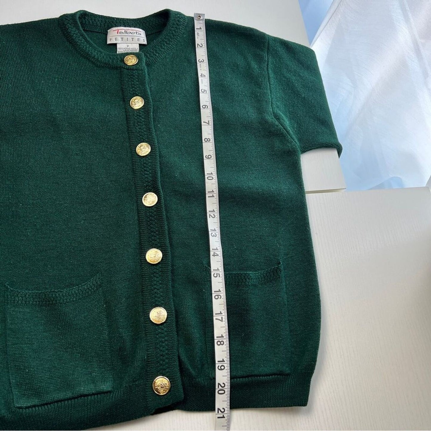 Talbots Petites Green Long Sleeve Gold Buttons Merino Wool Cardigan Sweater Sz P