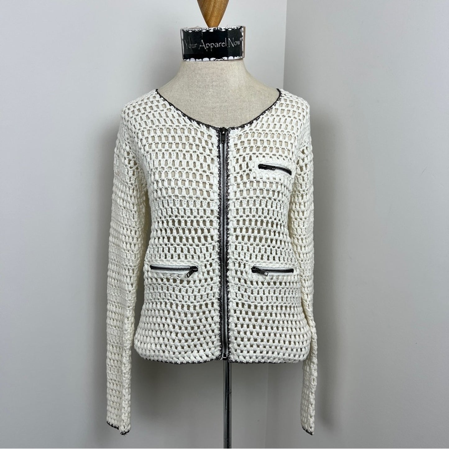 Suncoo Ivory Long Sleeve Zip Up Knit Sweater Cardigan Size T1= Small (328)