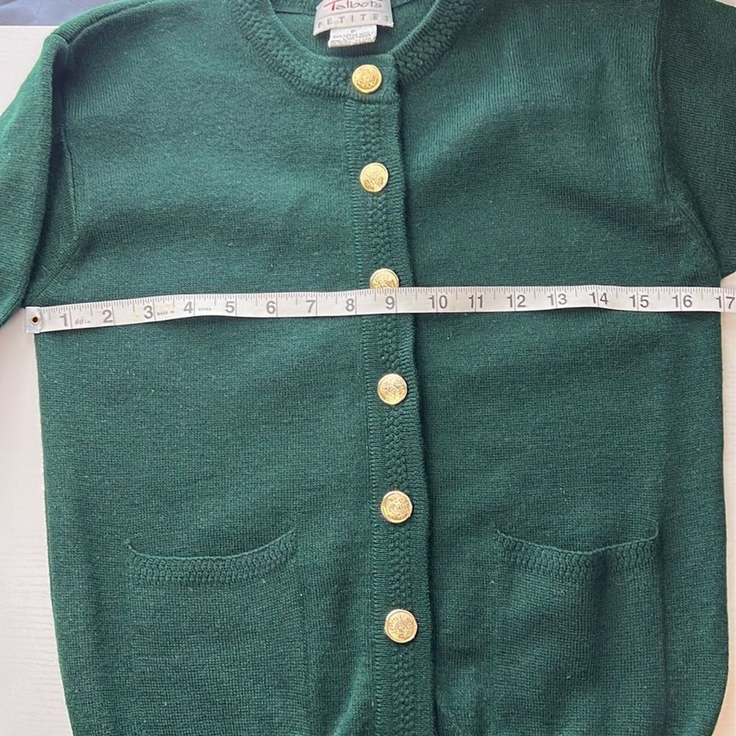 Talbots Petites Green Long Sleeve Gold Buttons Merino Wool Cardigan Sweater Sz P