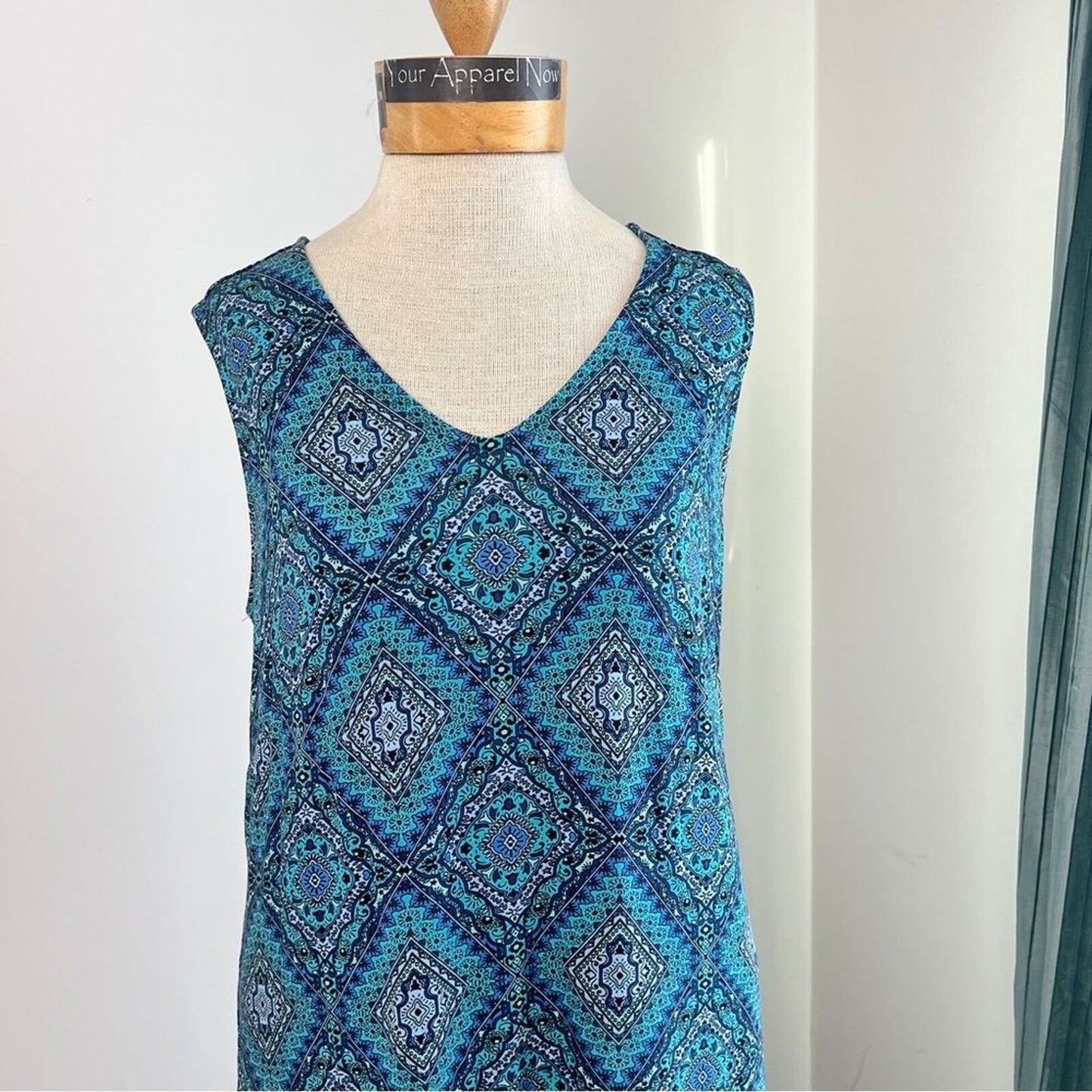 Joan Rivers Blue Sleeveless Alhambra Print V Neck Maxi Dress Sz SP (552)
