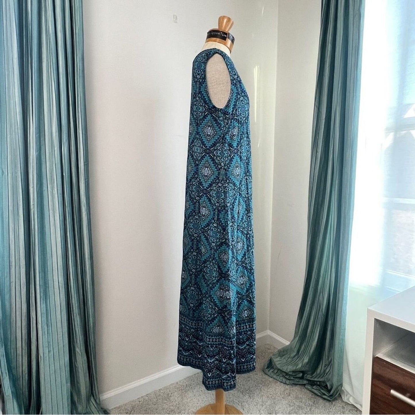 Joan Rivers Blue Sleeveless Alhambra Print V Neck Maxi Dress Sz SP (552)