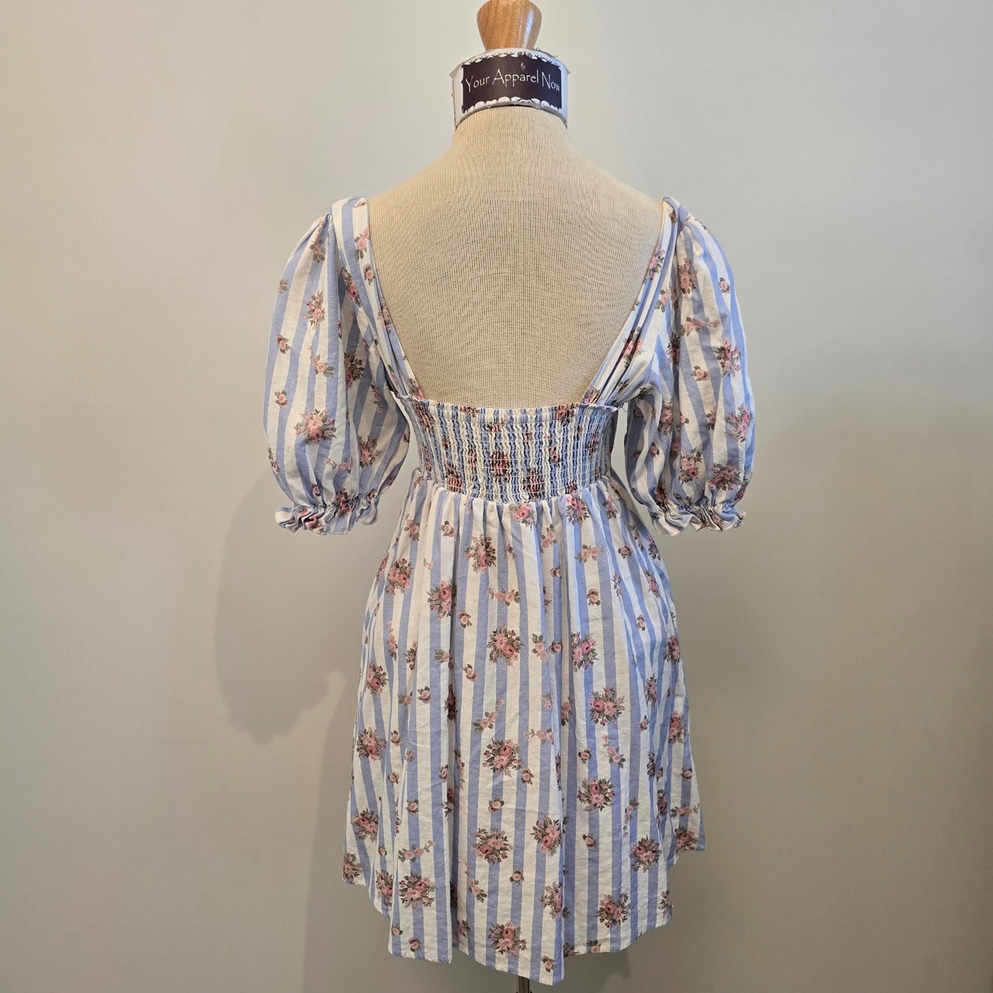 Show Me Your Mumu Addie White Blue Stripes Floral Short Sleeve Mini Dress Sz M
