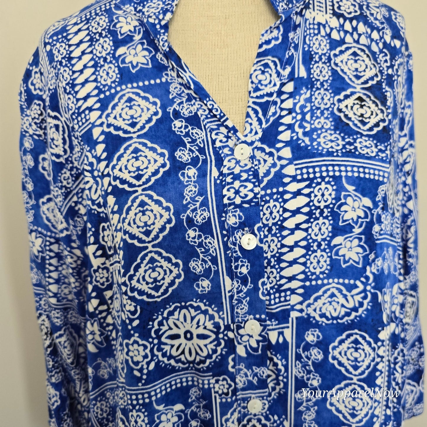 Syllagi Collection Blue & White Cotton Print Blouson Dress/Tunic Size Large