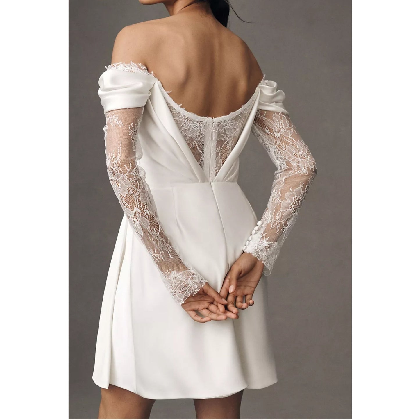 Watters Ivory Harlow Off-The-Shoulder Satin & Lace Mini Dress sz 0 NWT