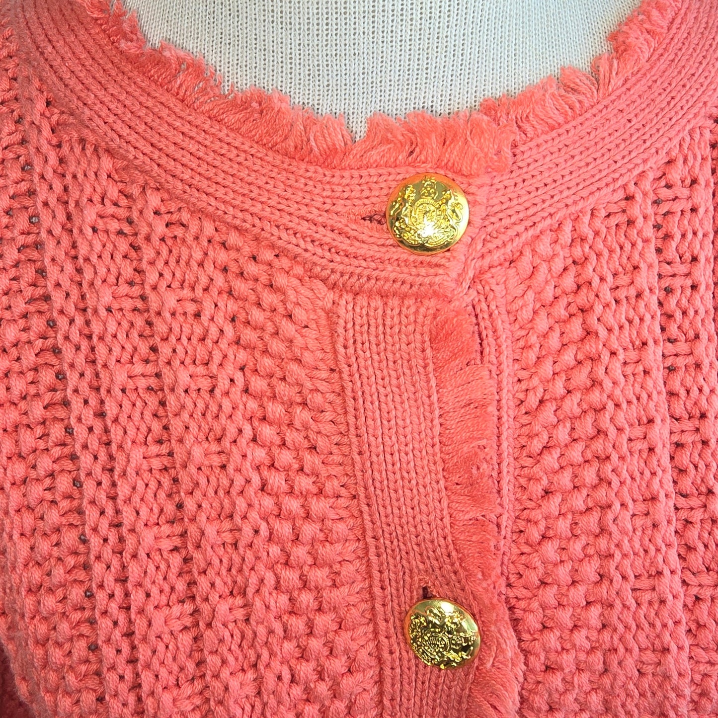 Tahari Women's Coral Gold Buttons Knit Round Neckline Cardigan Sweater Sz (695)