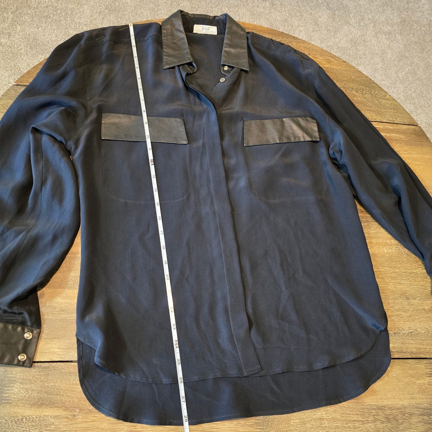 Vintage BOK HAUTE COUTURE Black Button Down Blouse Leather Trim (741)