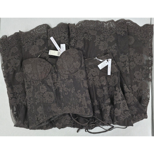 V. Chapman Chocolate Carolena Set Corset Skirt Chantilly Lace Sz 10 NWT