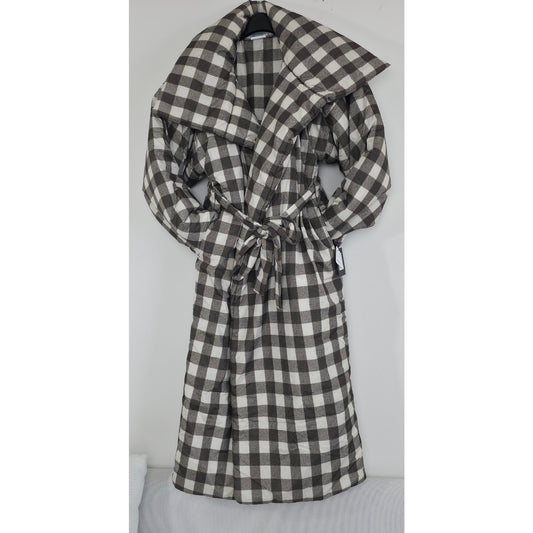 Norma kamali Bark Box Plaid Green High Collar Sleeping Bag Long Coat Sz M/L NWT