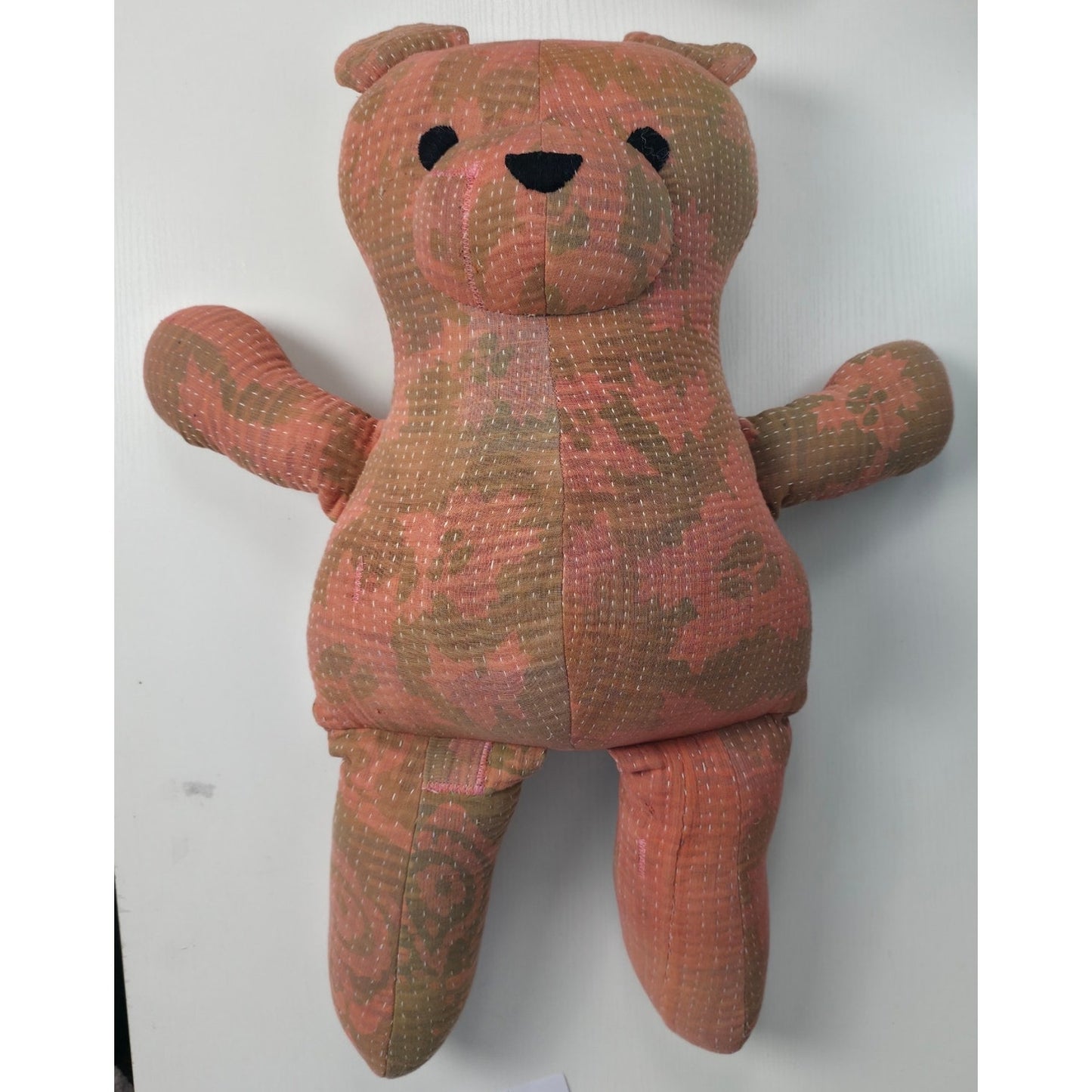 Free People Peach Green Camo Pattern hues Vintage Kantha Quilt Bear