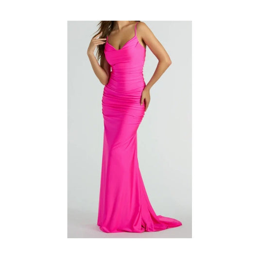 Jamie Formal Neon Pink Fitted Cowl Neck Mermaid Long Dress Sz XS (750)