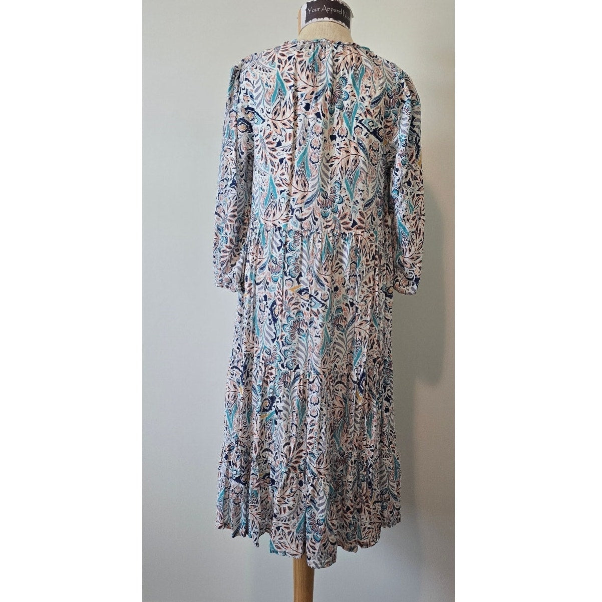 Lucky Brand Paisley Print White Teal  V-Neck Lined Midi Dress Sz Small (0969)