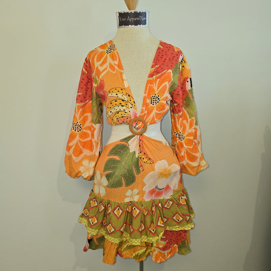 Z&L Orange Delia Boho Print Bubble 3/4 Sleeves Mini Dress Sz Small (0966)