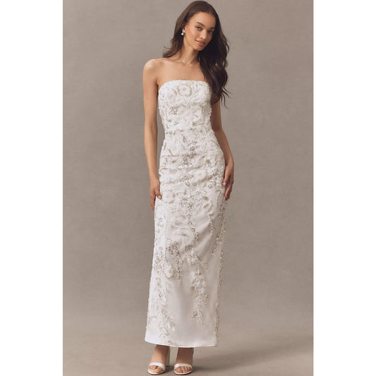 Milly Magnolia White/Silver Strapless Beaded Sequin Maxi Dress Sz 8