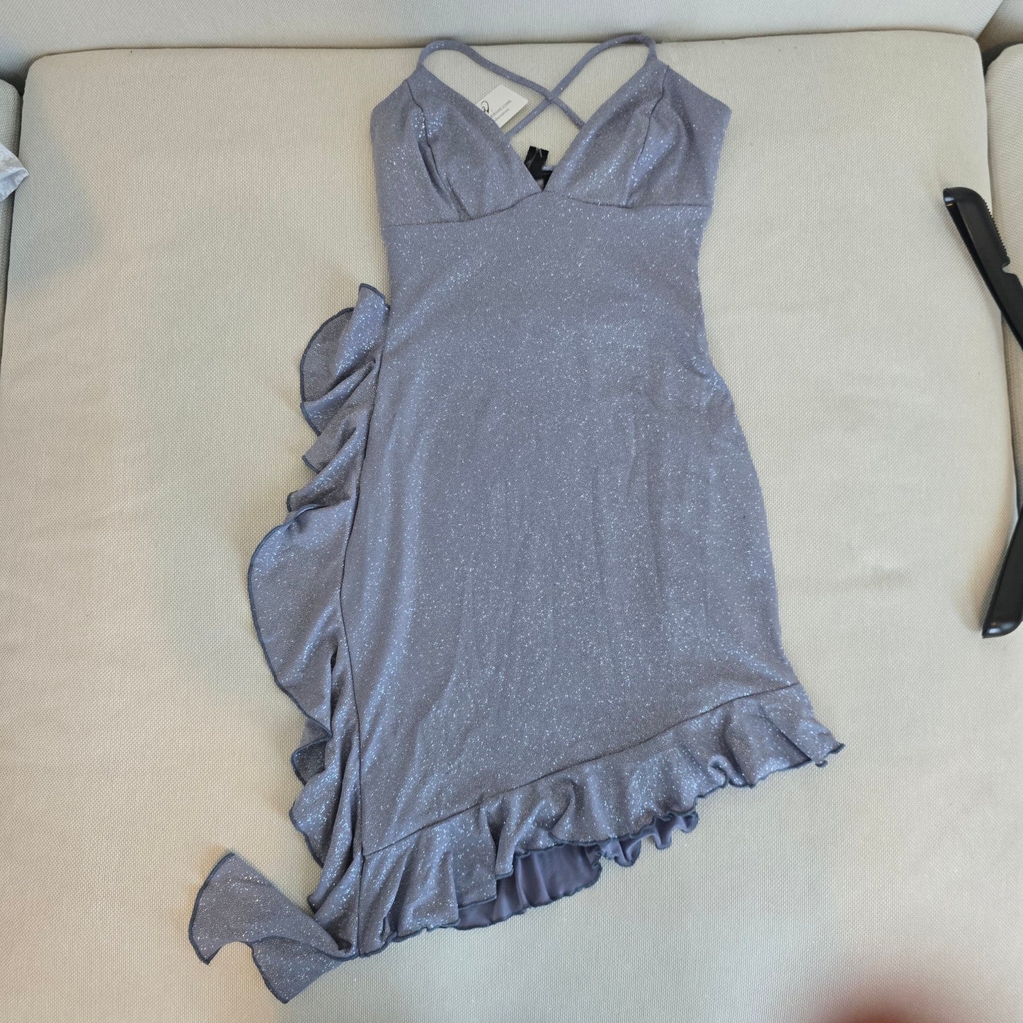 Windsor Baby Blue Sleeveless V-Neck Ruffle Glitter Mini Dress Size Small (770)