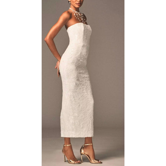 Helsi White Leslie Strapless Sequin Lace Column Midi Dress Sz Medium