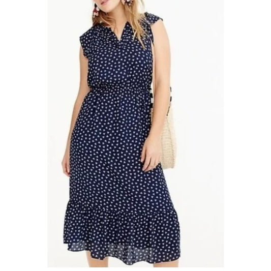 J.Crew Mercantile Navy Cap Sleeves Ruffle Hem DragonFly Midi Dress Sz XXS (685)