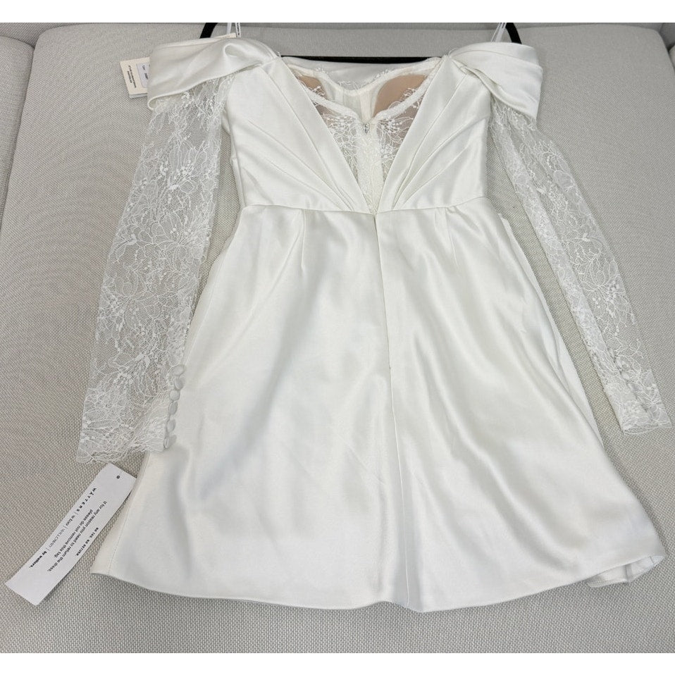 Watters Ivory Harlow Off-The-Shoulder Satin & Lace Mini Dress sz 0 NWT