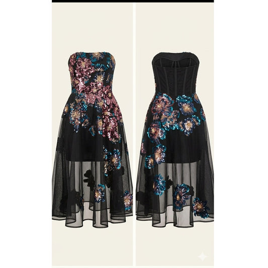 Helsi Valeria 3D Floral Strapless Midi Dress Black Wedding Guest Sz Medium NWT