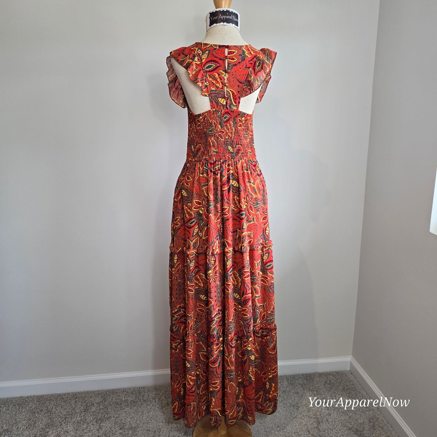 MELLODAY Orange Smocked Floral Tiered Sleeveless Maxi Dress Sz Small (726)