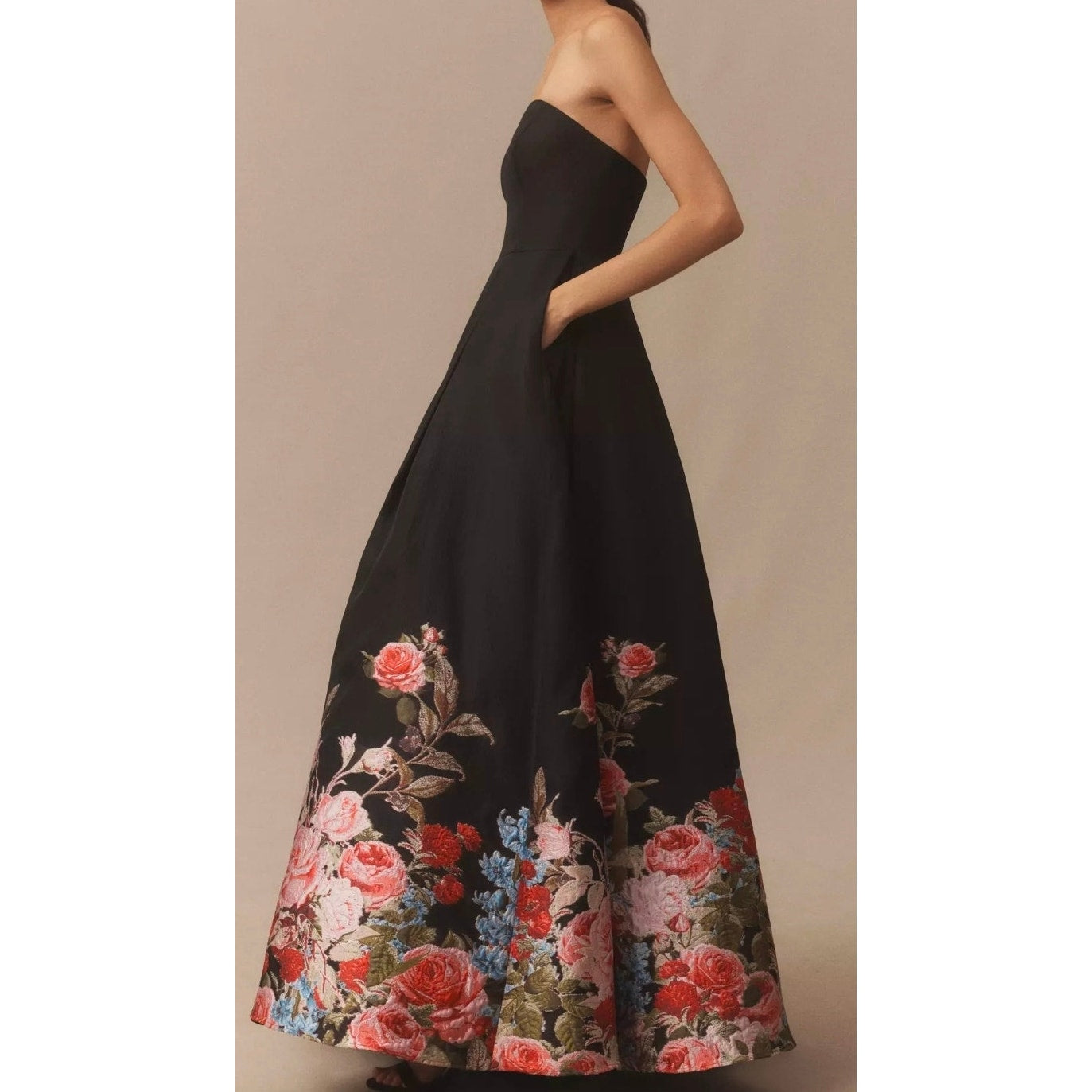 Mac Duggal Black Floral Brocade Bottom Strapless Maxi Dress Sz 2
