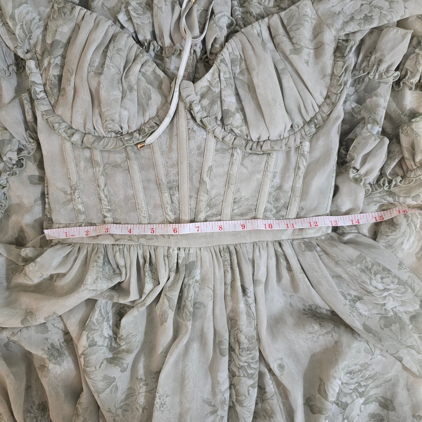 V. Chapman Sage Tapestry Carmella Long Sleeve Corset Chiffon Maxi Dress