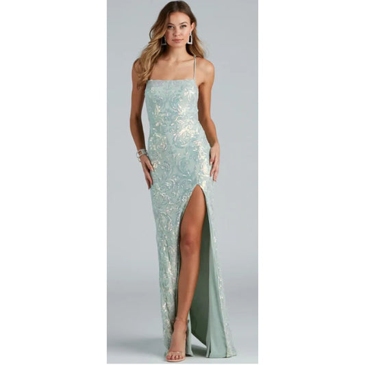 Edlyn Mint Sequin Lace-up Mermaid Formal Sleeveless Maxi Dress Sz  L (747)