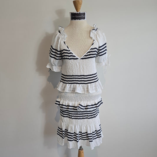 AS ALWAYS White Navy Fitted V neck Puff Sleeves Lined Mini Dress Sz Large (735)